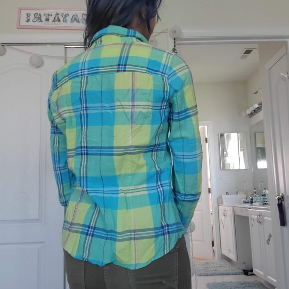 green and blue checkered soft cotton long sleeve button down shirt - Picture 2 of 4